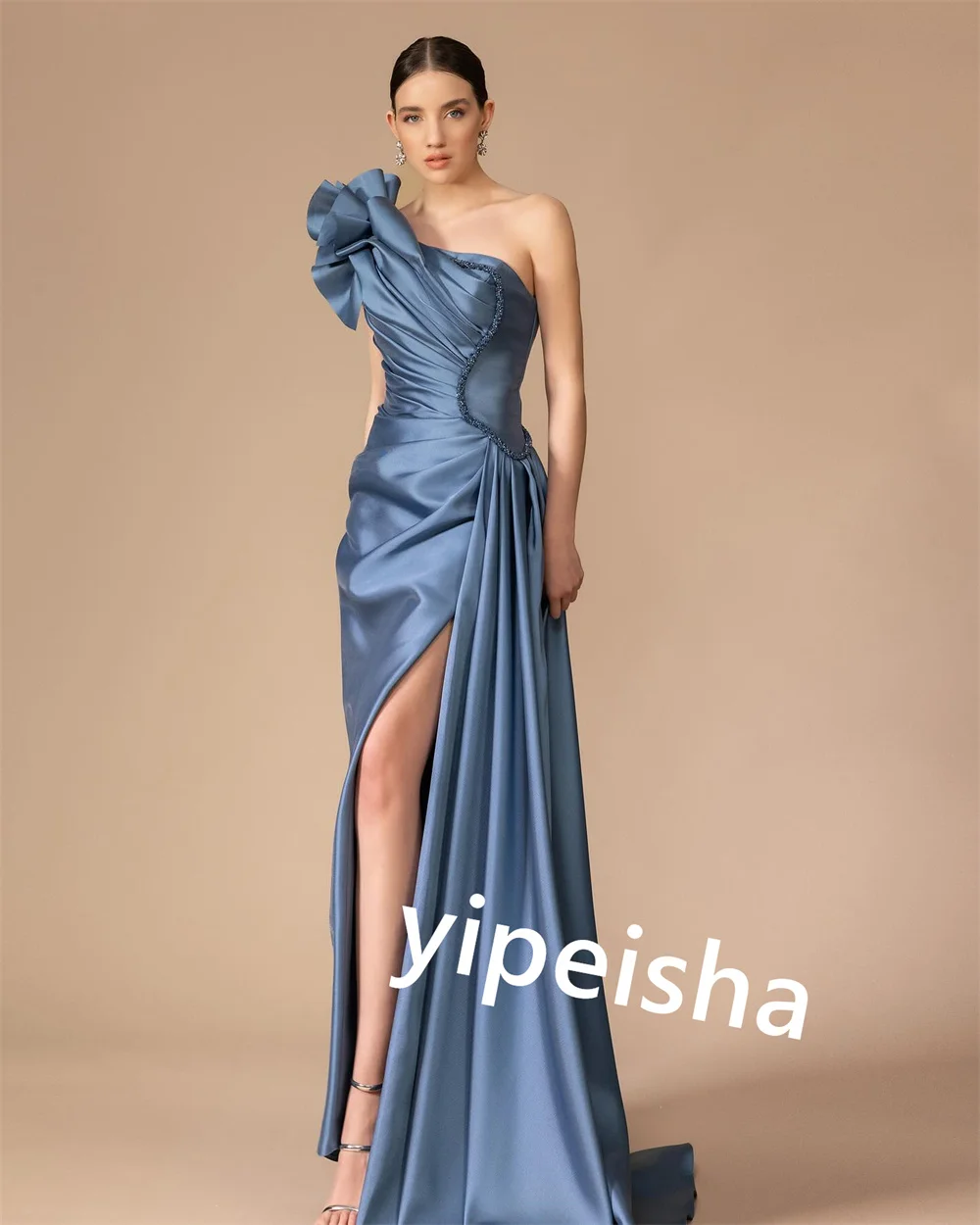 Satin Pleat Wedding Party Straight One-shoulder Bespoke Occasion Gown Long Dresses