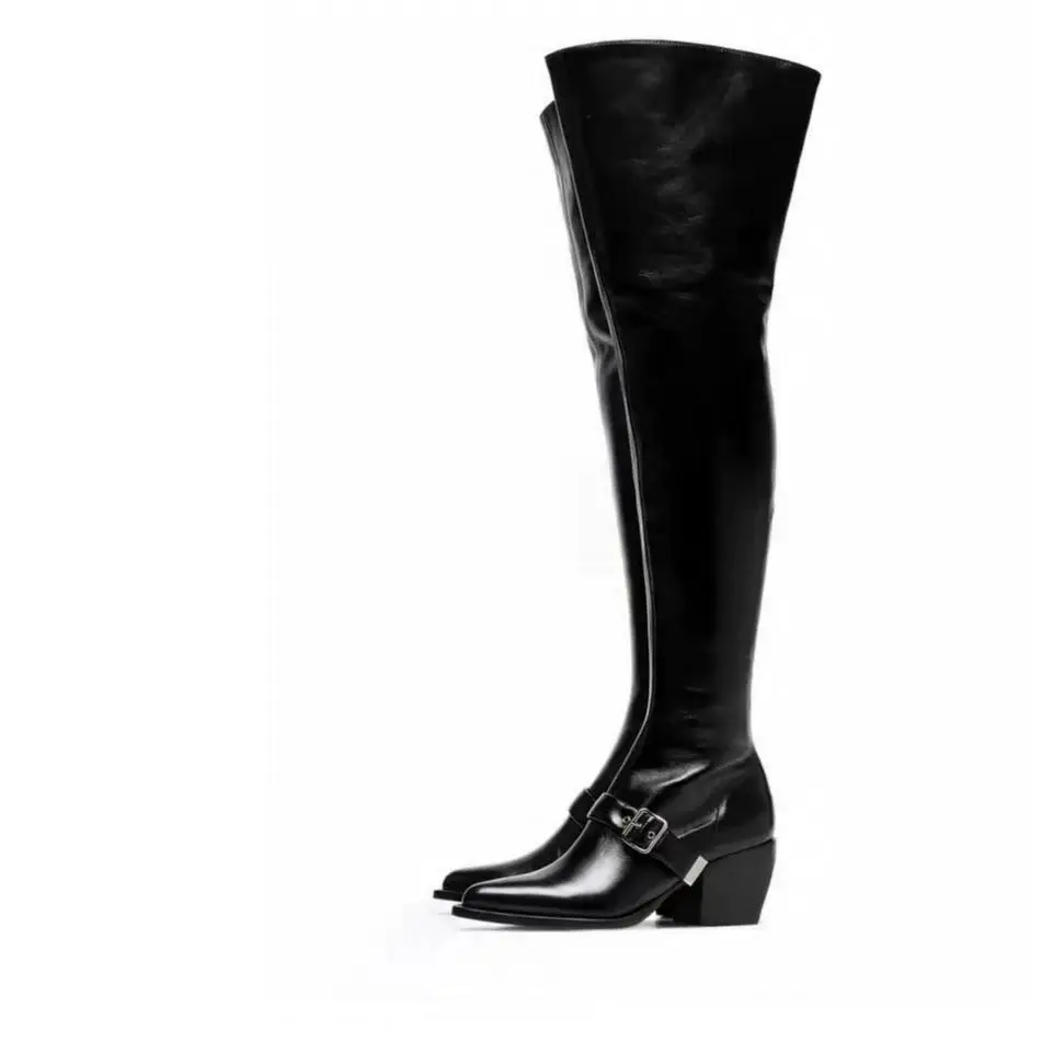 Black leather metal buckled western thigh high boots chunky heels women's causal dress luxury long boot designer zipper shoes