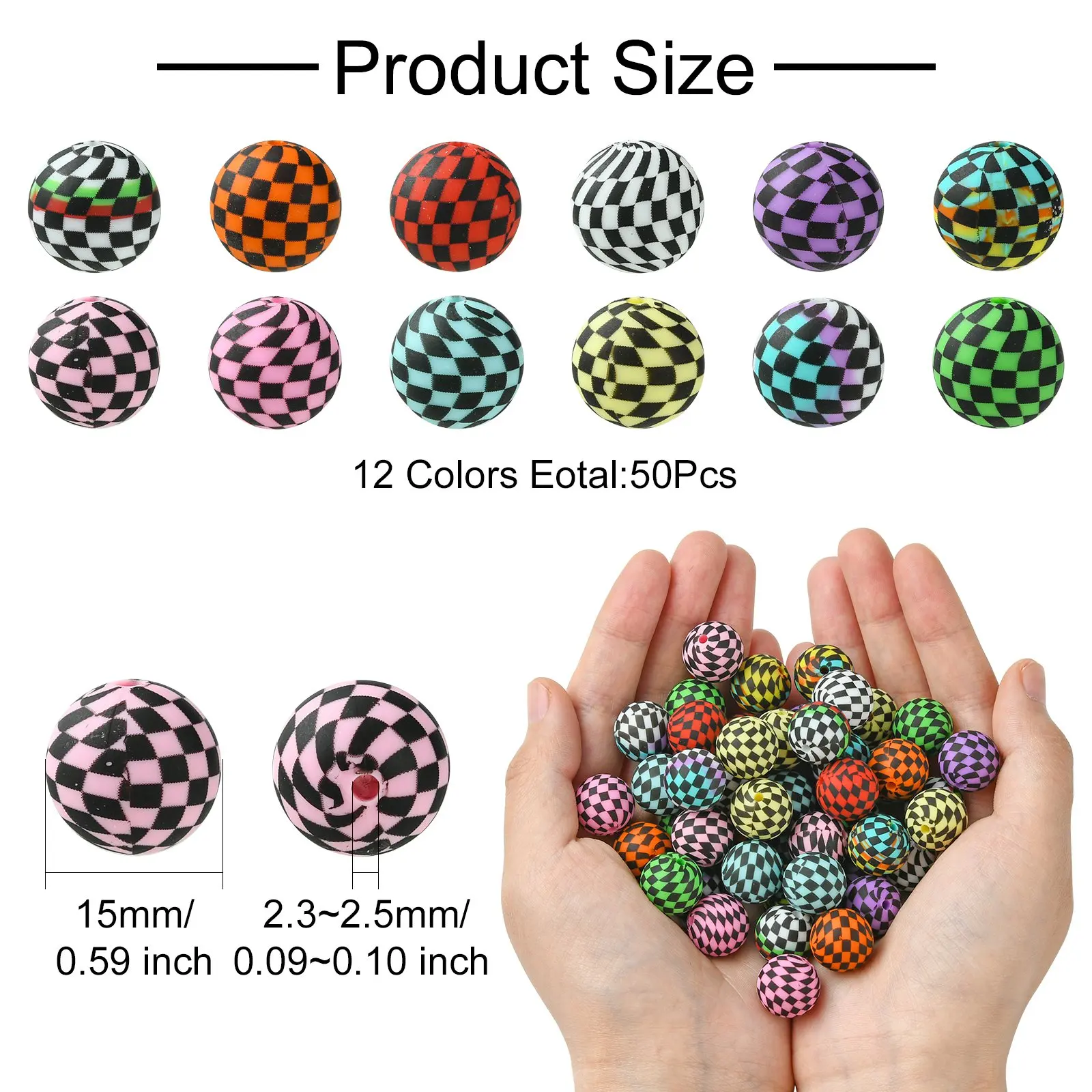 Pandahall 50Pcs 15mm Silicone Round Beads Tartan Checkered Pattern Spacer Beads Plaid Focal Beads for Jewelry Making Supplies