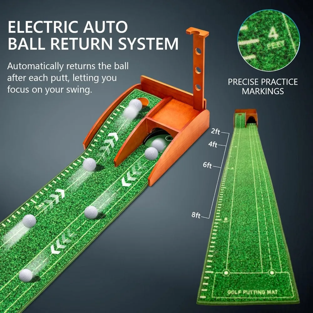 Golf Putting mat with Auto Ball Return, Putting Green Indoor, Crystal Velvet Mat and Solid Wood Base, Game Practice Golf Gifts