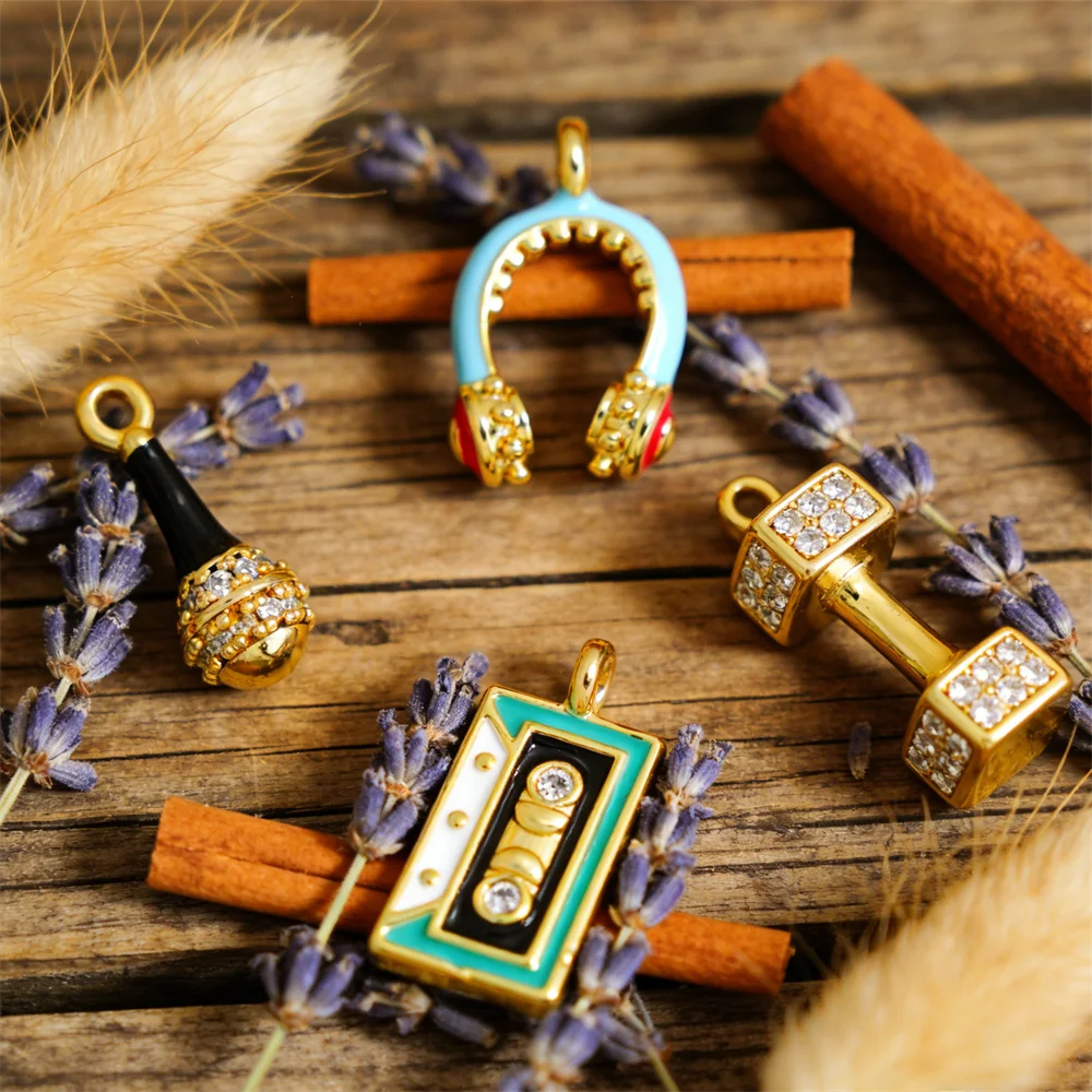 

4Pcs Pendant Brass Enamel Zircon Headphone Cassette Microphone Jewelry DIY Bracelet Necklace Making Accessorie Retro Party Daily