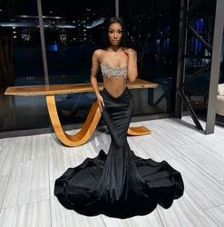 Black Sheer Diamond Long Prom Dresses For Black Girls Beaded Birthday Party Dresses African Evening Gown Robe De Customized