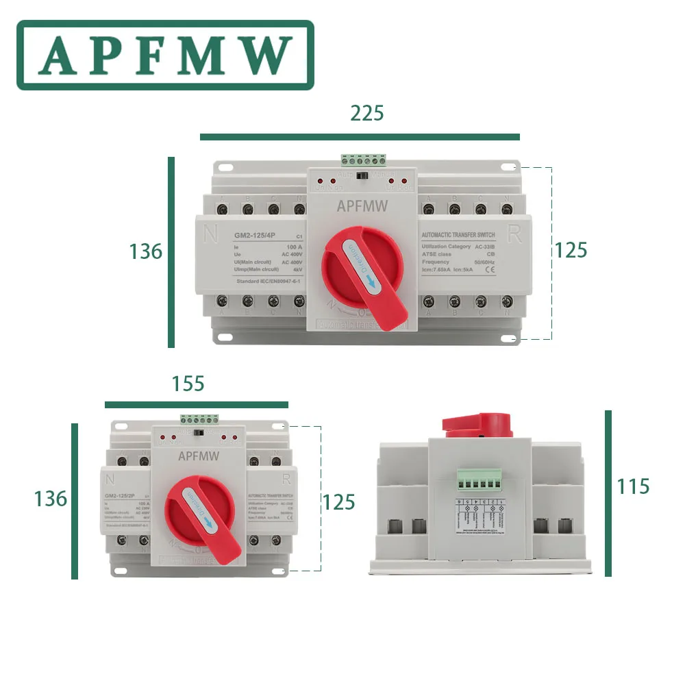 Dual power ATS (CB) 2P/3P/4P 63A Dual Power Automatic Transfer Switch AC230V 50/60Hz MCB Auto/Manual Switching Circuit Breakers