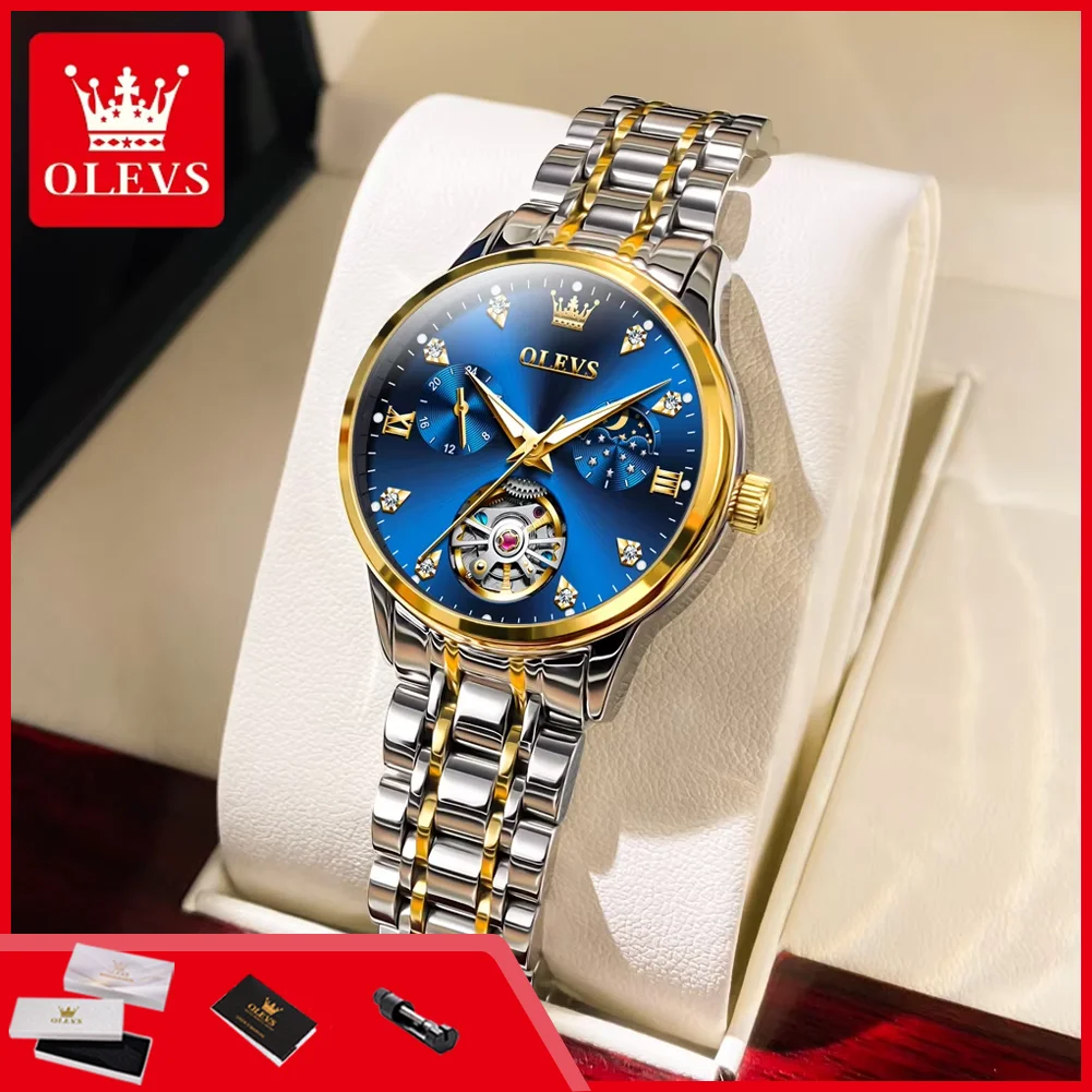 

Женские часы OLEVS 6608 с фазами Луны, хронограф, скелетон, автоматический механический наручный хронометр для женщин, водонепроницаемые женские часы