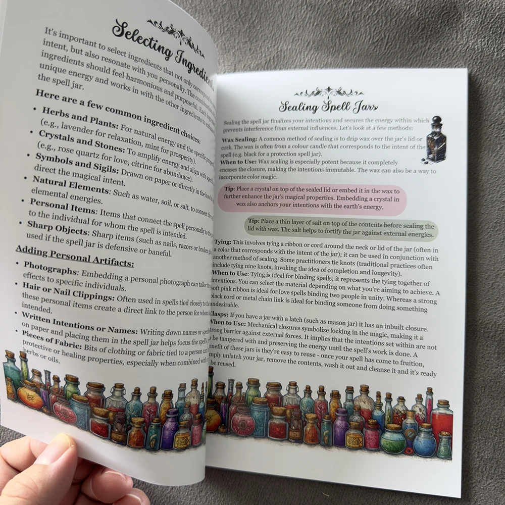 50 صفحة من كتاب إملائي السحر من Grimoire دليل سحري من Wicca مع أوعية طقوس ساحرة كريستالية