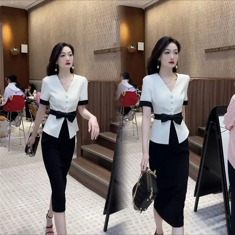 Suits Sexy Skirt Office Female Outfits Midi Women\'s Two Piece Set Slit Short Sleeve Maxi Long Stylish Clothing Trend 2024 Luxury