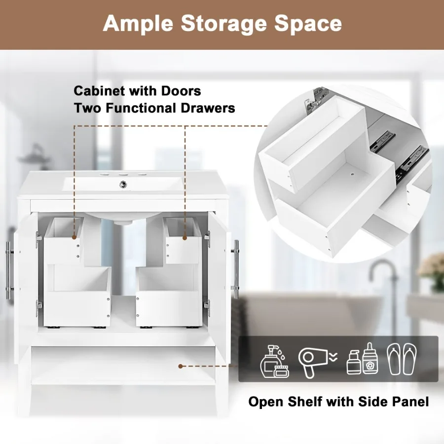 30" Bathroom Vanity with Sink, Multi-functional Bathroom Cabinet with Doors and Drawers, Solid Frame and MDF Board, Whit image 6