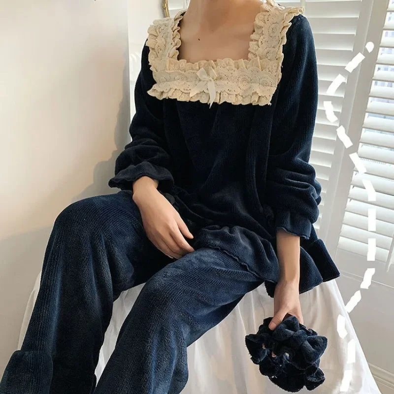 Vintage Thick Fleece Women's Pajamas Sets Elegant Blue Lace Long Sleeve Sleepwear Suits Winter Autumn Sweet Pyjamas Homewear