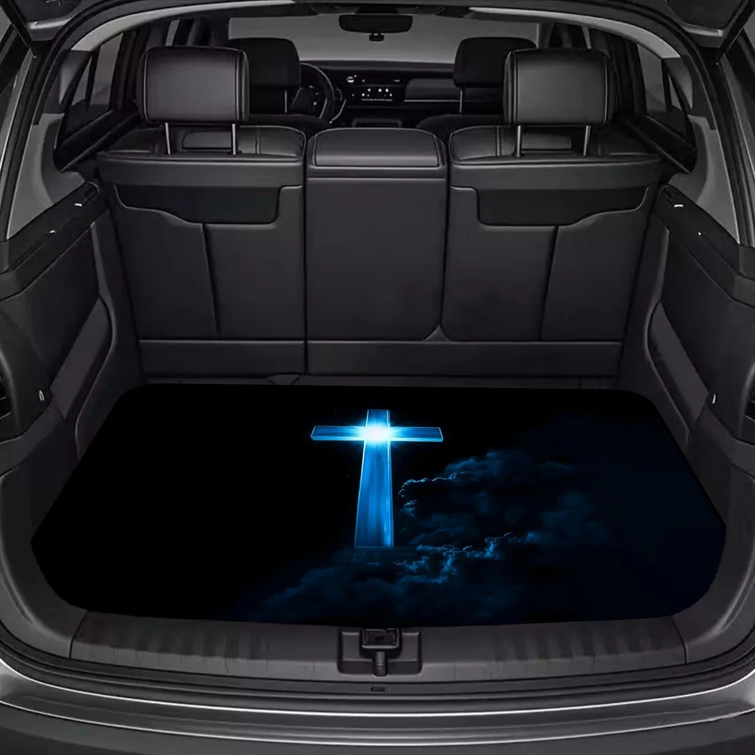 Car Trunk Mat, Blue Glowing Cross Dark Cloud Print Cargo Liner, Non-Slip Rear Trunk Protector, Women Car decor, Car Accessories, Interior Decoration Mat, Universal Fit For SUV Sedan Truck, Spiritual Blue Li