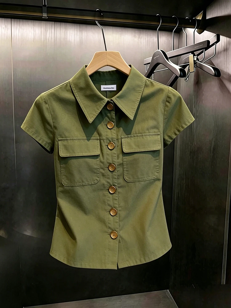 

Stylish Military Green Short Sleeve Shirt Women's Fashion plus Size Slimming Multi-Pocket Top Quality Commute Style British F...