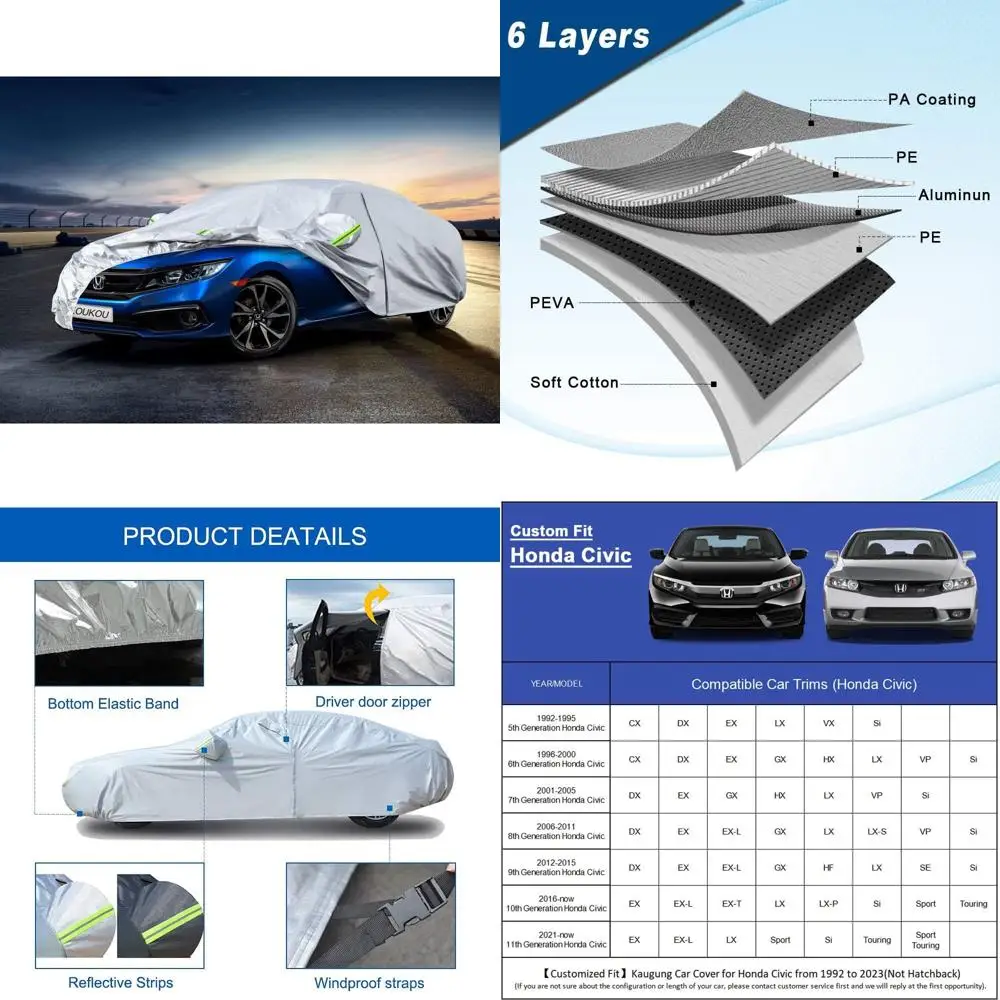 

Чехол для автомобиля на заказ, 6-слойный, для Civic Sedan 1995-2025, всепогодная защита с молнией на двери