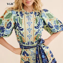 VGH Printing Casual Two Piece Set For Women Stand Collar Half Sleeve Shirt High Waist Loose Shorts Hit Color Chic Sets Female