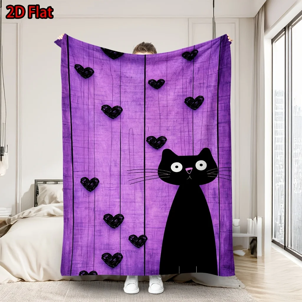 Ultra Soft Purple Cat Lover Throw Blanket for Sofa Bed Decorative Knit Plush Cozy Heart Pattern Aesthetic Living Room Home Decor
