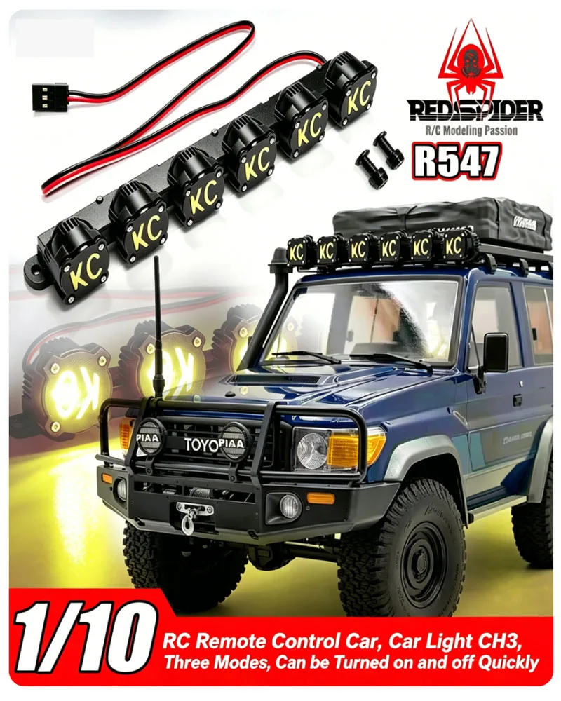 RS Red Spider 1/10 1/8 Scale KC Style Roof Light Bar R547, 3 Modes via CH3, Compatible with Axial, Traxxas TRX-4, YK Crawler RC