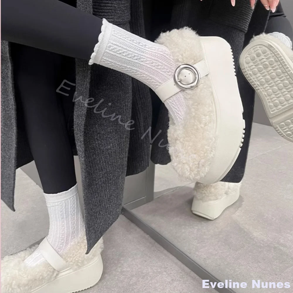 سميكة سوليد امبسوول الصوف الدافئة ماري جين أحذية النساء جولة تو جوفاء كلمة واحدة حزام فروي أحذية جديدة بيضاء عدم الانزلاق لطيف الأحذية