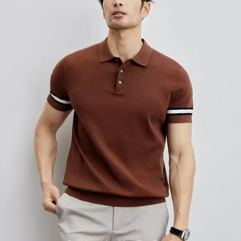 Summer Thin Men's POLO Ice Silk New Elastic Business Casual Knitted Sweater Men's Lapel Thread Outer Top