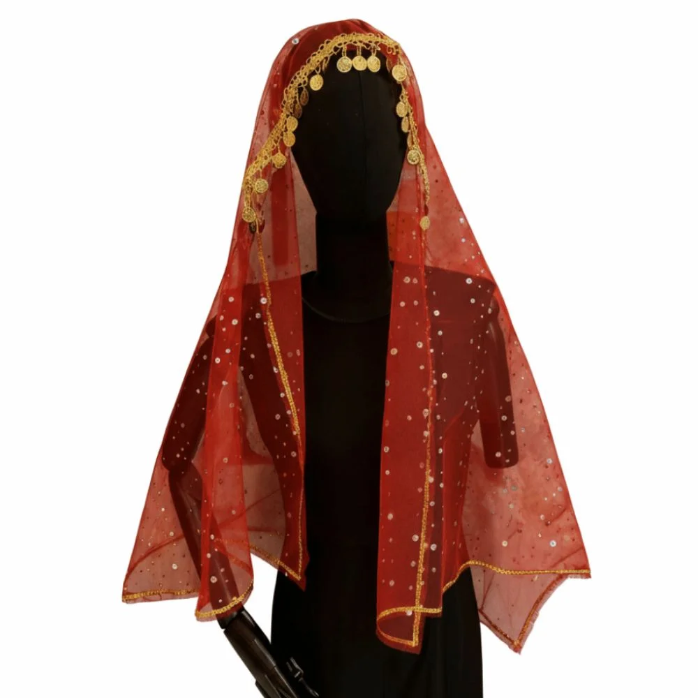 

Red Dance Headdress Sequin Design Golden Coin Trim Bridal Veil Breathable Fabric Tassel Wedding Veil For Traditional Wedding