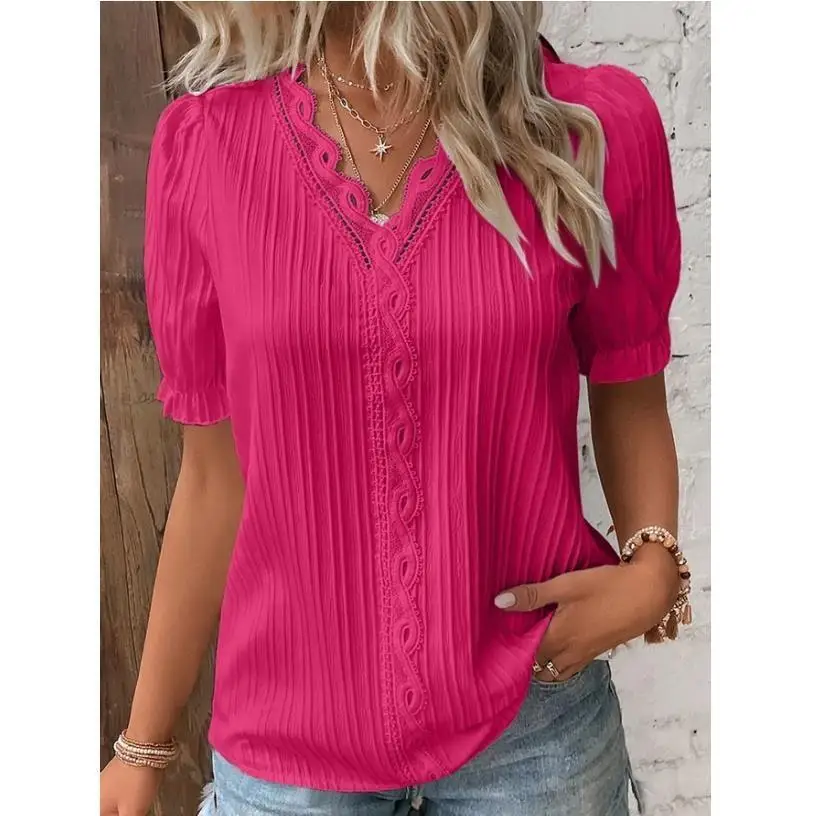 Women Fashion Solid Color Blouses Shirts Casual V-Neck Short Sleeve Elegant Blouses Tops Ladies Summer Classics Basic White Tops