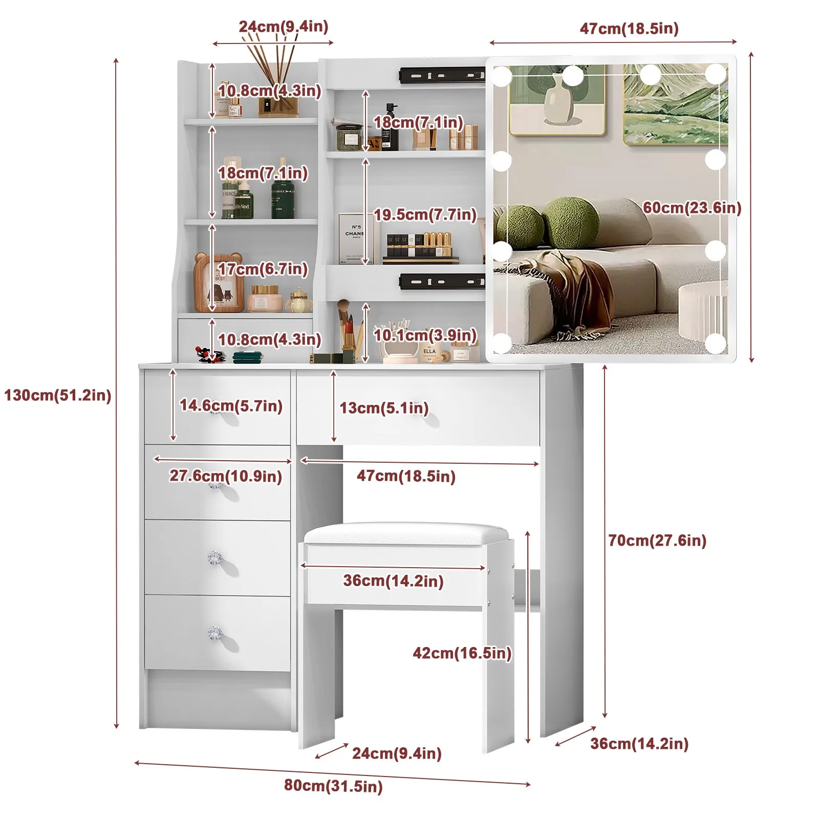 Tocador de maquillaje Juego de mesa de tocador LED con espejo de almacenamiento y taburete para amantes del maquillaje Regalo de Navidad perfecto