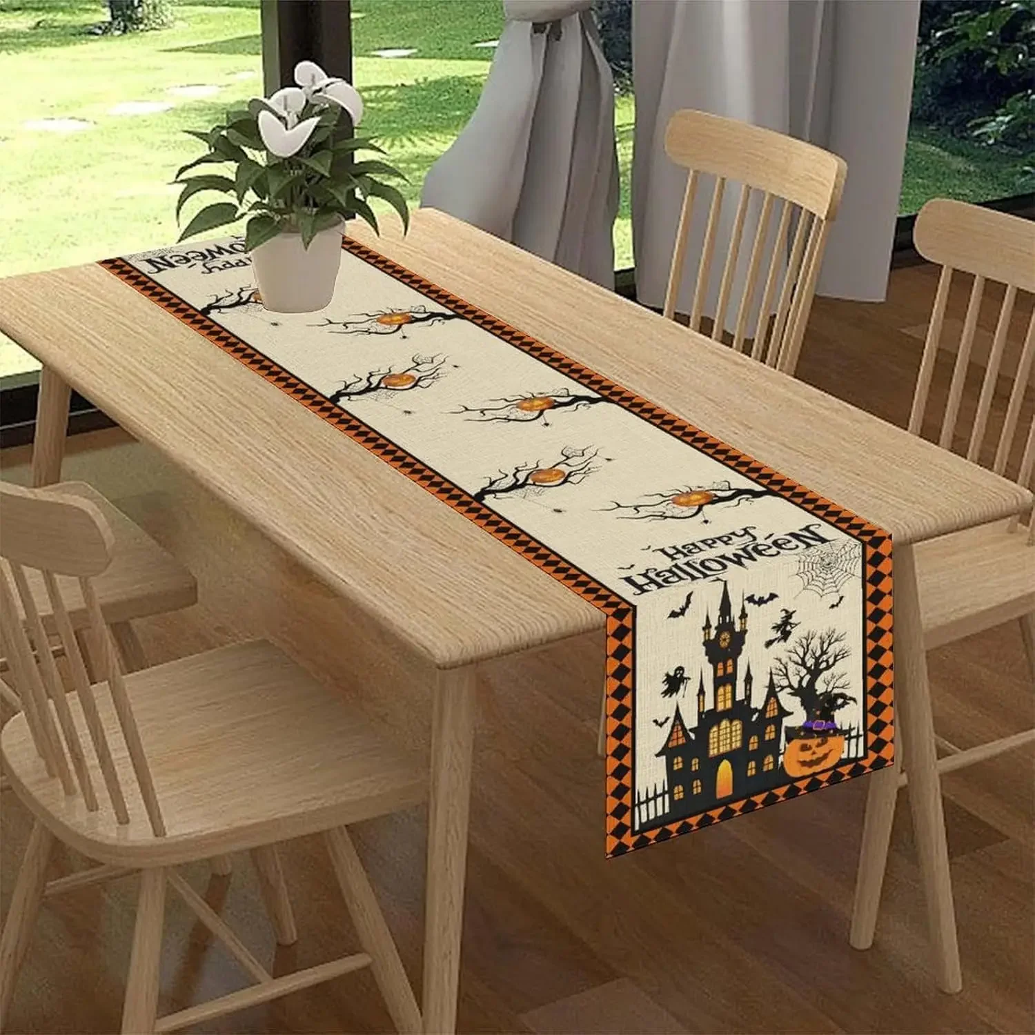 هالوين منزل مسكون الساحرة الخفافيش العنكبوت الكتان الجدول عداء الجدول الديكور قابلة لإعادة الاستخدام المطبخ طاولة طعام العلم الطرف الديكور #2