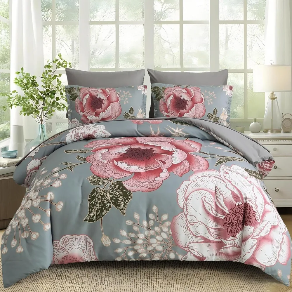 

Floral Comforter Set King Size 7 Pieces Bed in a Bag, Pink Flower Print on Gray Bedding Set, Soft Microfiber Bedding Set