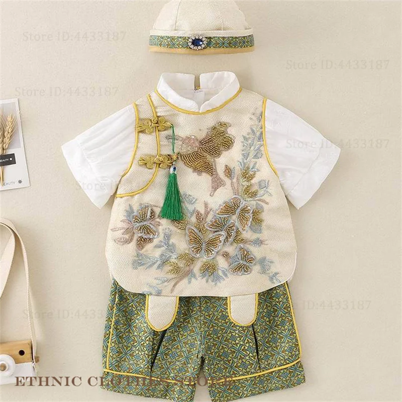 

Kids New Chinese Style Tang Suit Costume Exquisite Beads Embroidery Oriental Clothing Traditional Baby Child Hanfu Uniform