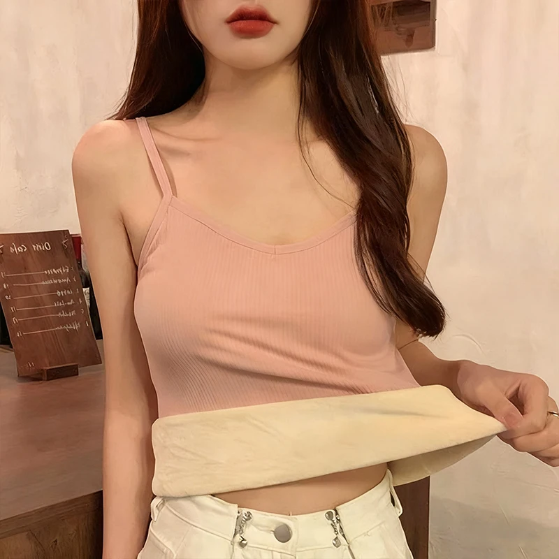 Ultra Soft Fleece Lined Cami Top Women High Elasticity Skin Friendly Warm Base Layer Sleeveless V Neck Shirt For Cold Weather