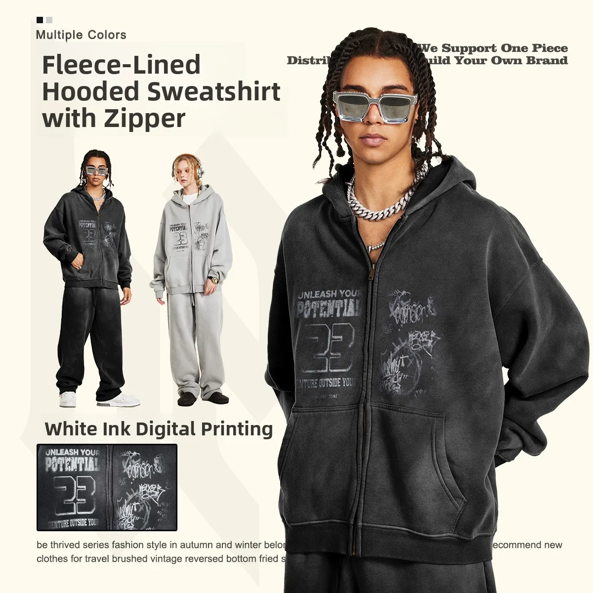 

Men's Vintage Print Fce Lined Thiened Hooded Open Cardigan Sweatirt Autumn High Street American Sle Zipper Hoodie