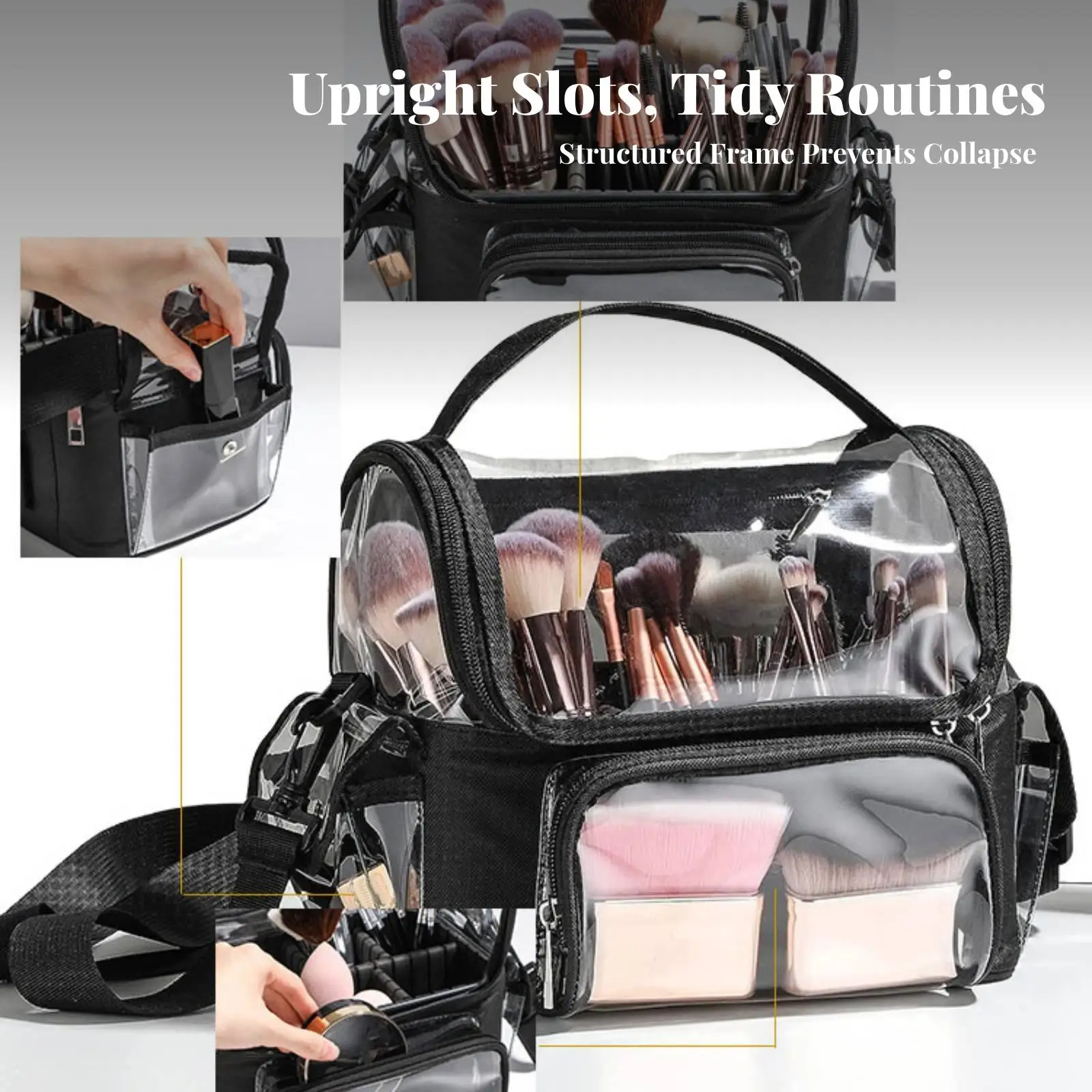 Travel Waterproof Cosmetic Pouch Clear PVC Makeup Bag with Inner Dividers and Side Compartments Portable Toiletry Organizer for