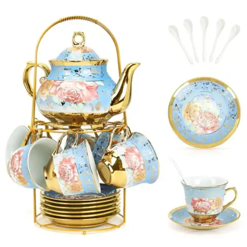 20 Pcs Porcelain Tea Set with Metal Holder and Spoon European Ceramic Tea Set for Adults European Flower Painting Teapot Cup Sa