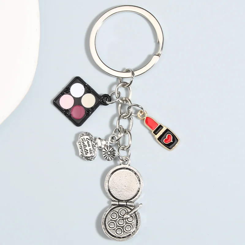 Metal Enamel Keychain Eye Shadow Lipstick Perfume Key Ring Makeup Key Chains For Women Girls DIY Handmade Jewelry Gifts