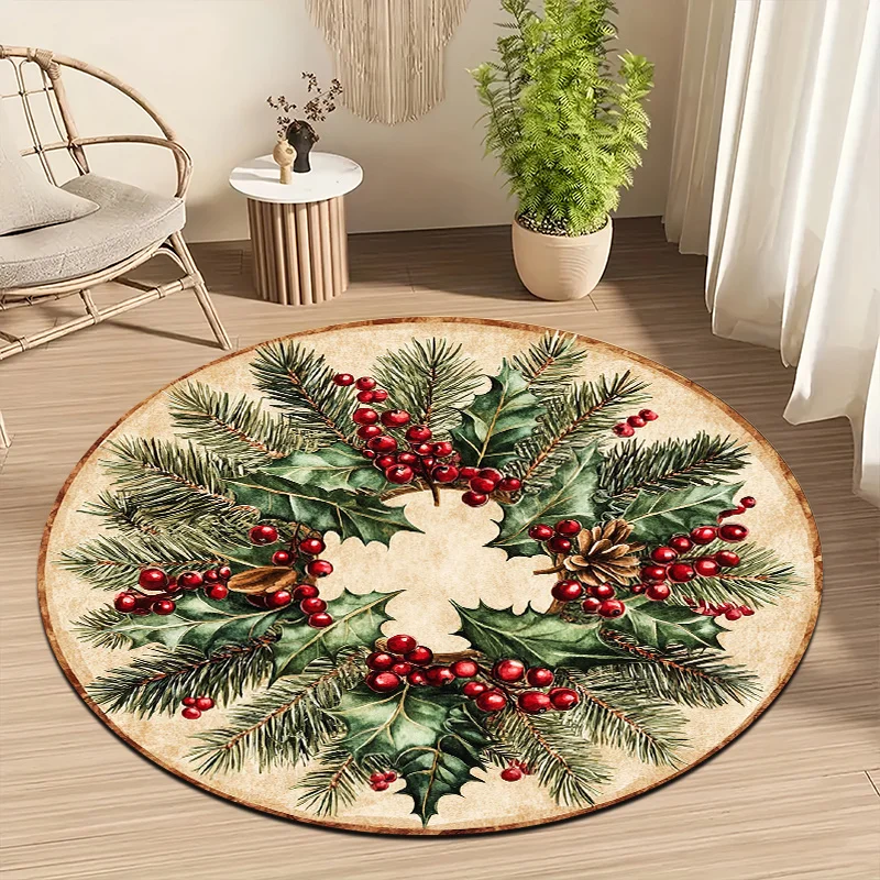 Circular Christmas Wreath Doormat Holiday Decor Pine Garland Entry Rug Polyester Xmas Seasonal Entrance Mat for Porch and Home
