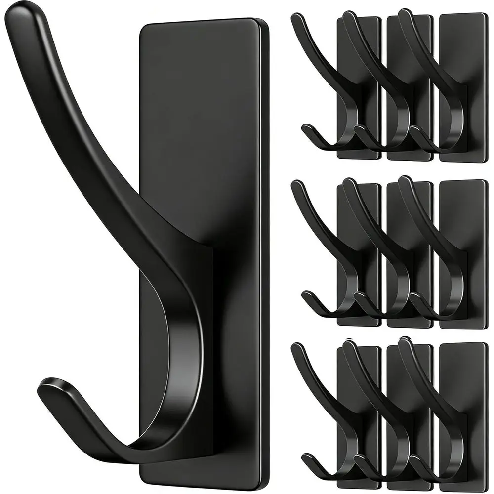 

10 Pack Black Adhesive Hooks - 13LB Strong for Towels, Utensils, Bags, Hats, Ideal for Home & Kitchen Use