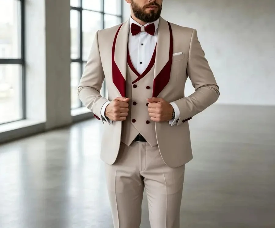 

3 Pieces Men's Slim Fit Wedding Tuxedo Beige Groom Prom Dinner Blazer Vest Pants Set Classic Business Formal Suit for Men