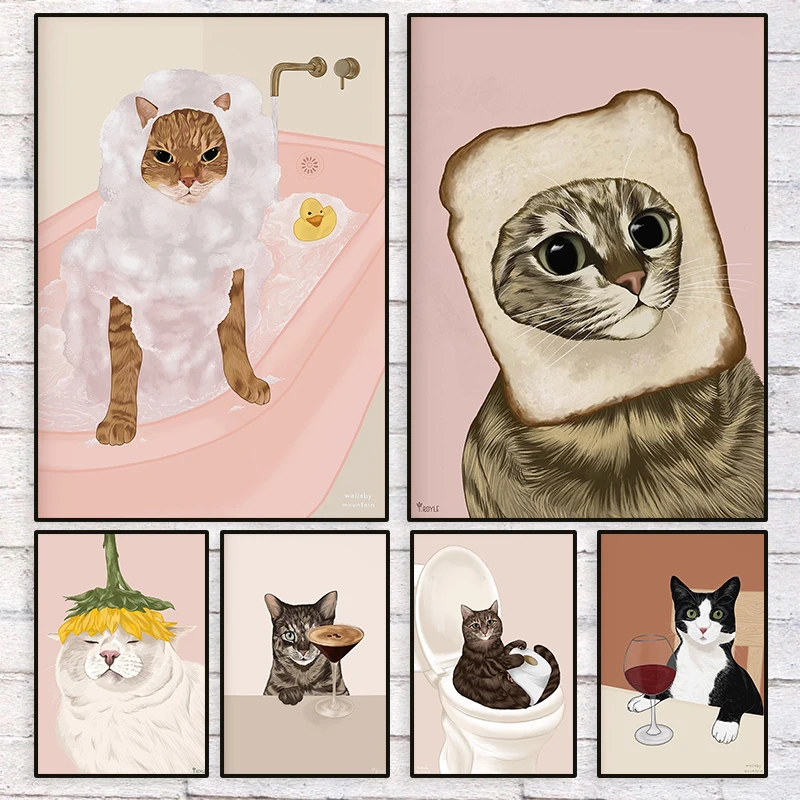 Funny Cats Poster Bath Cute Cat Illustration Canvas Painting Print Modern Wall Art Picture for Living Room Bathroom Home Decor