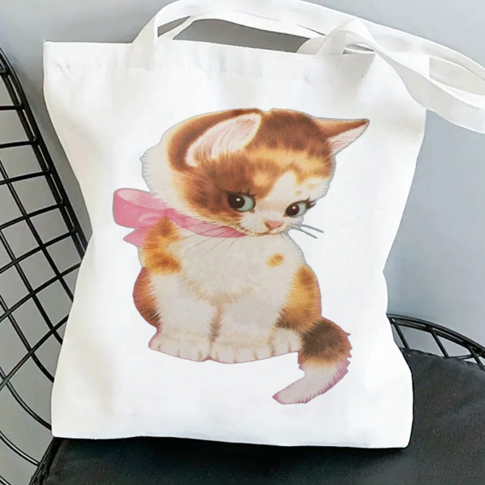 

Retro Style Orange Kitten with Pink Bow Print Canvas Tote Bag White Casual Shoulder Bag Cute Cat Design for Daily Outings