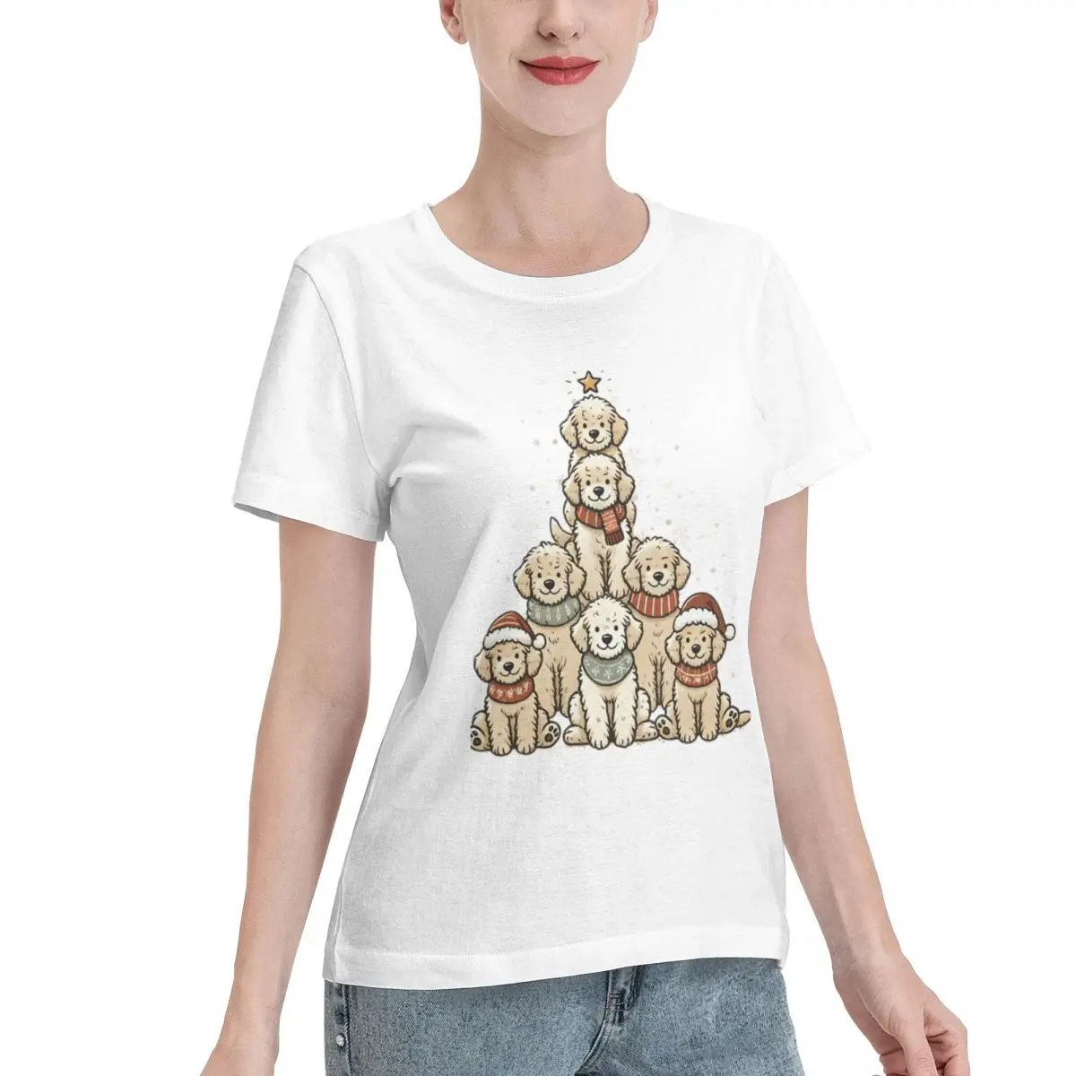 Limited Offer Happy Puppy Doodle Puppies Christmas Tree Women's T-shirt Simple Chic Basic Tops For Women