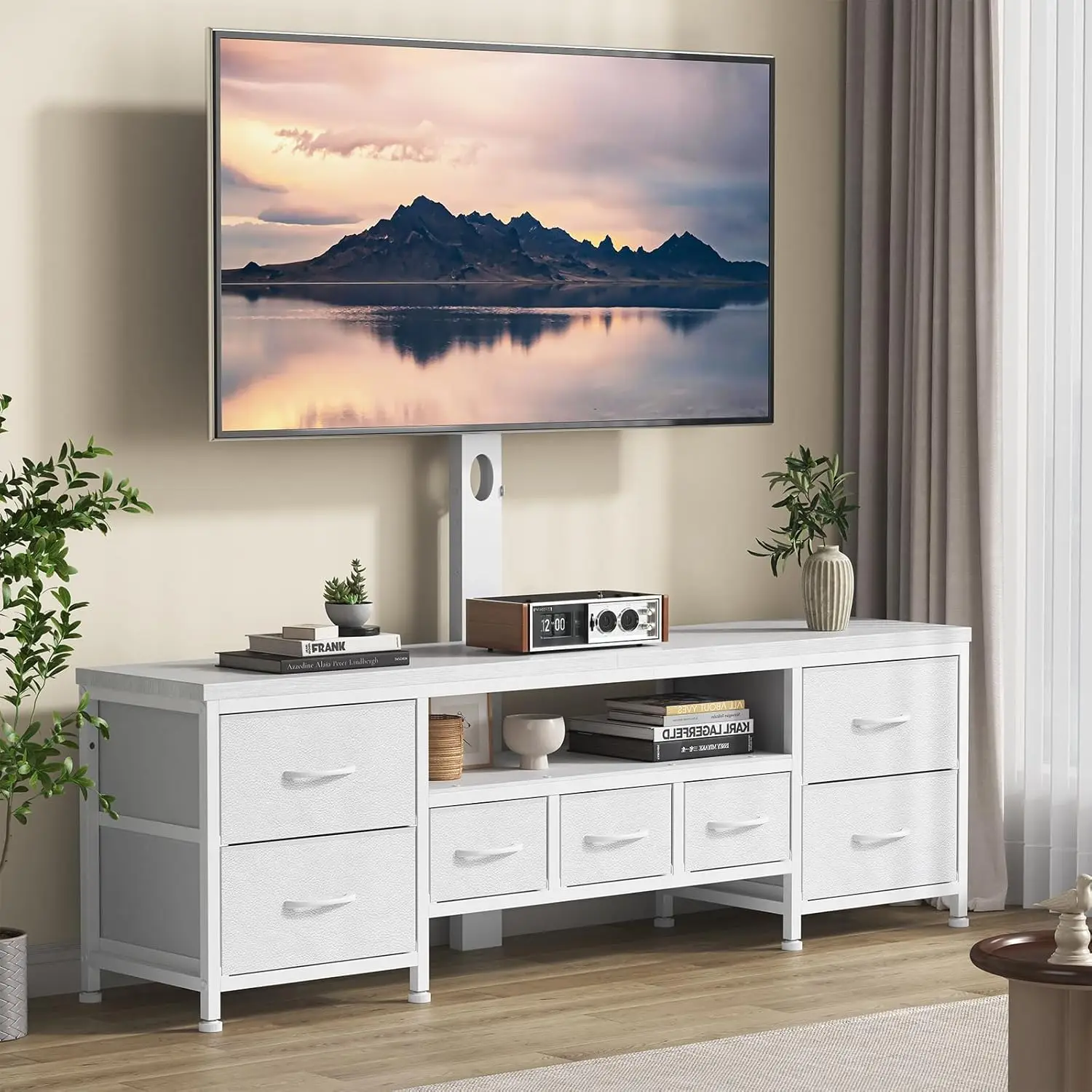 

Подставка для телевизора с креплением для телевизоров 45/55/65/75 дюймов, 51,2-дюймовый комод-тумба для ТВ с 7 тканевыми ящиками, развлекательный центр с открытыми полками.