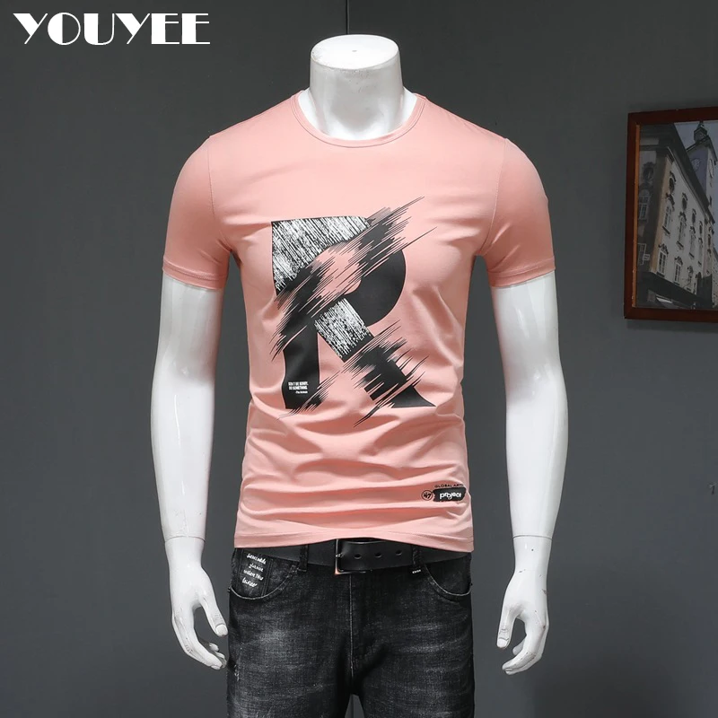 Mens Causal T-shirt Short Sleeve Summer Fashion Alphabet R Print Pink Tees Youth Base Tops O-Neck High Quality Man Clothing M-4X