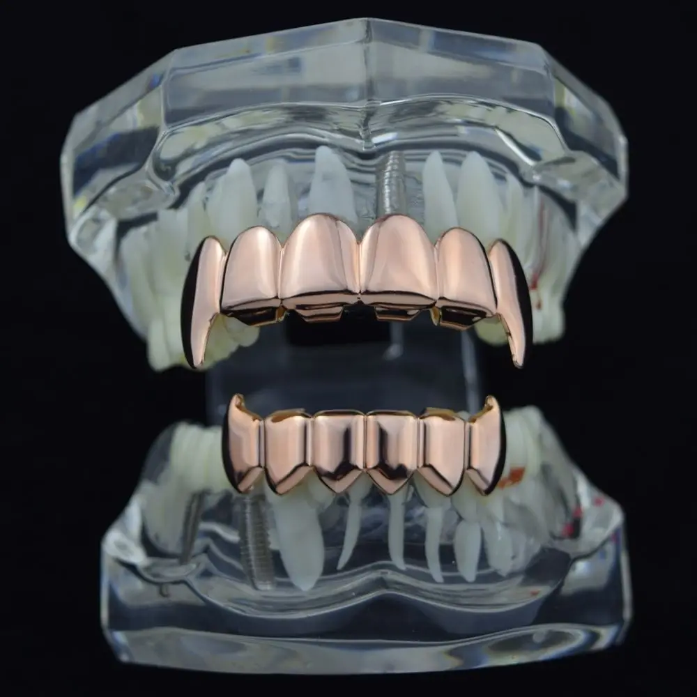 Gold Silver Plated HIP HOP Teeth Grillz Top & Bottom Grills Set With silicone Real Shiny Vampire Tooth Sets