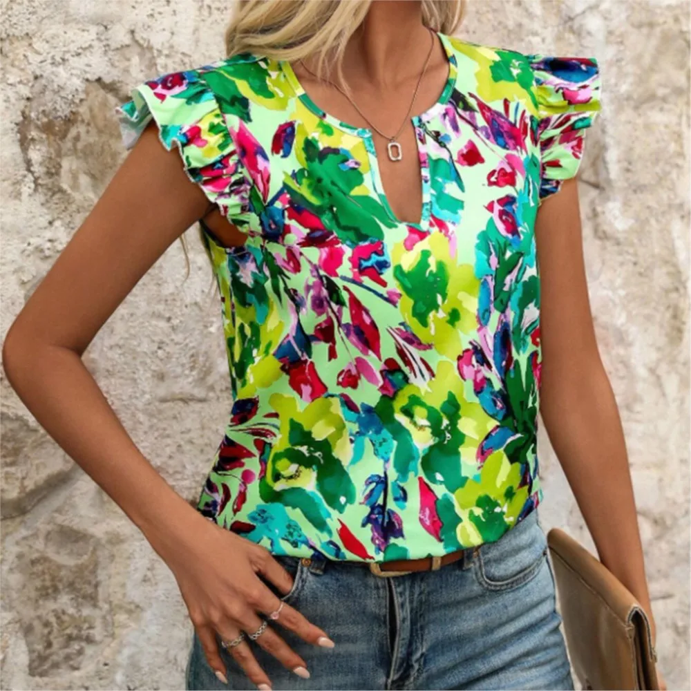 

Office Lady Flower V Neck Pullover Blouse 2025 Summer New Fashion Printed Ruffle Splicing Chiffon Short Sleeved Shirt For Women