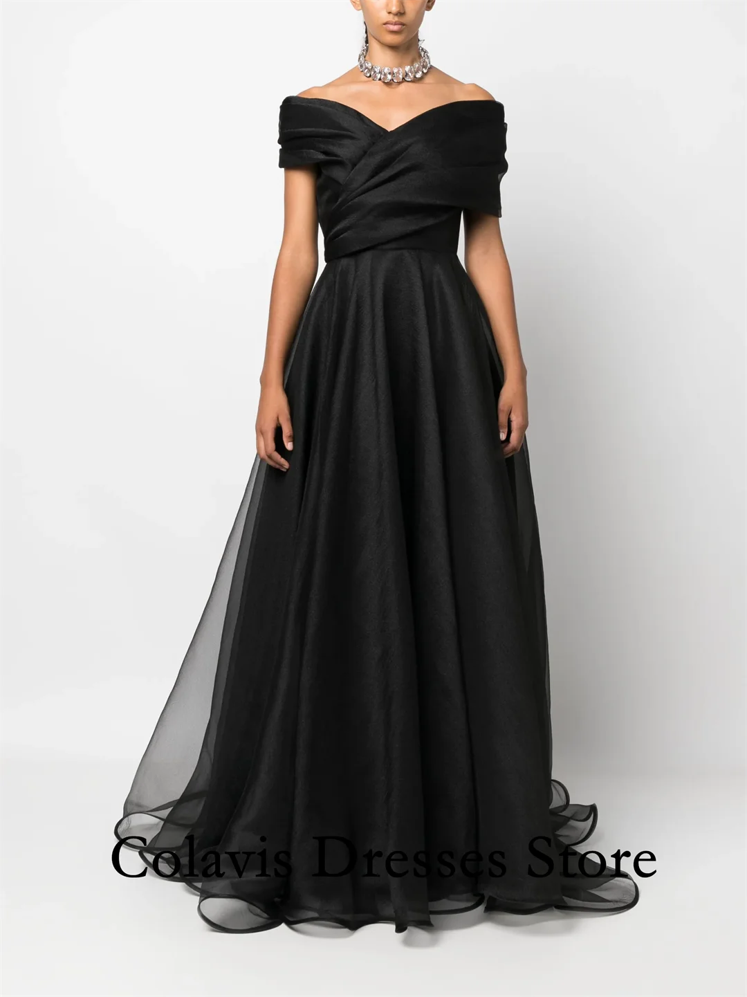 

2025 Customized Short Sleeves Off Shoulder Black Organza Prom Dresses Evening Dress Women Evening Gowns Formal Party Dress
