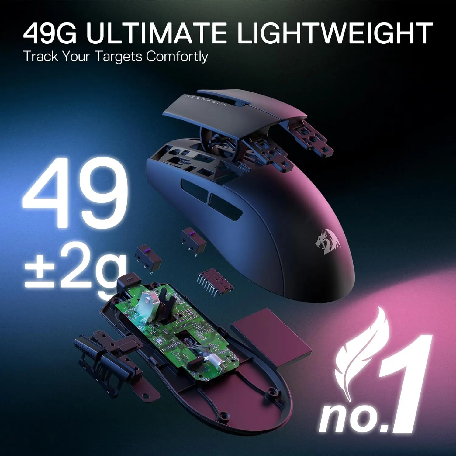 Bezprzewodowa mysz do gier Redragon M916 LIT, ultralekka mysz 49G 1K DPI z ergonomicznym, naturalnym uchwytem