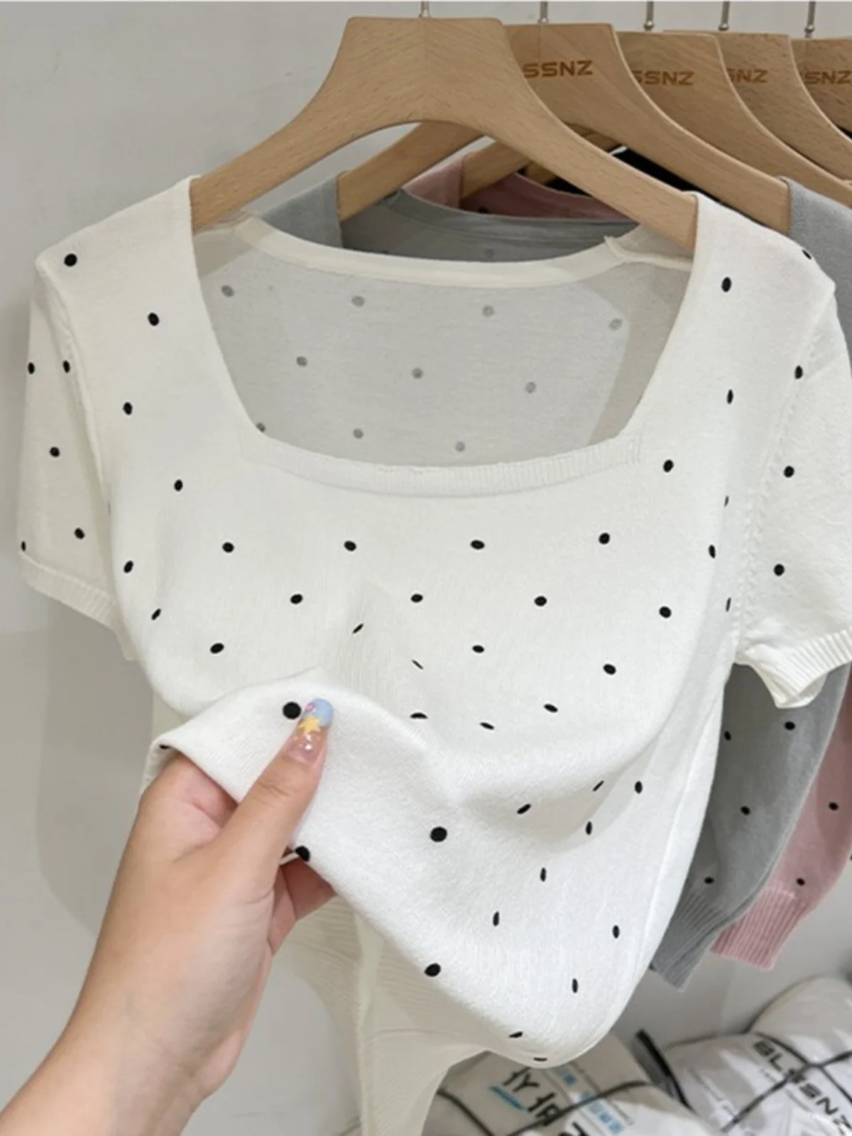 الصيف المرأة محبوك الحرير الجليد ort Sve تي شيرت ساحة طوق البولكا نقطة حجم كبير Faionable الكورية Sle تخفيف #5