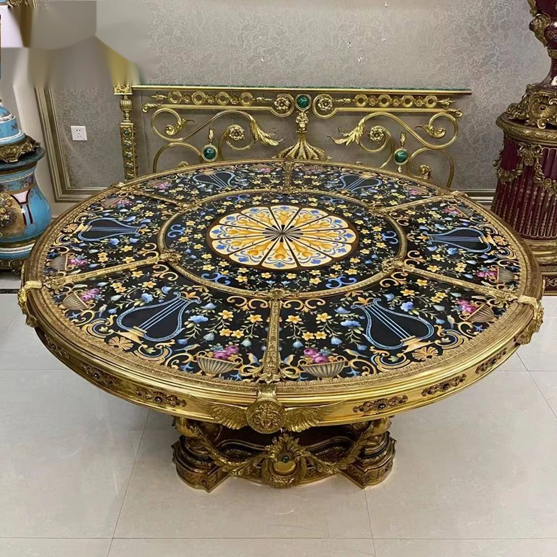 Italian Palace Ceramic Painting Blue Mysterious European 1.8m All Copper Mansion  Round Dining Table