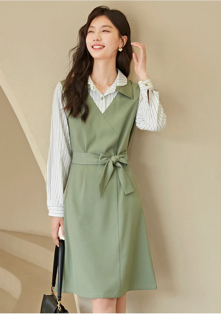 Vimly Elegant Striped Fake Two Piece Shirt Dress for Women Autumn Fashion New Tie Belt A-line Green Dresses Women\'s Clothing