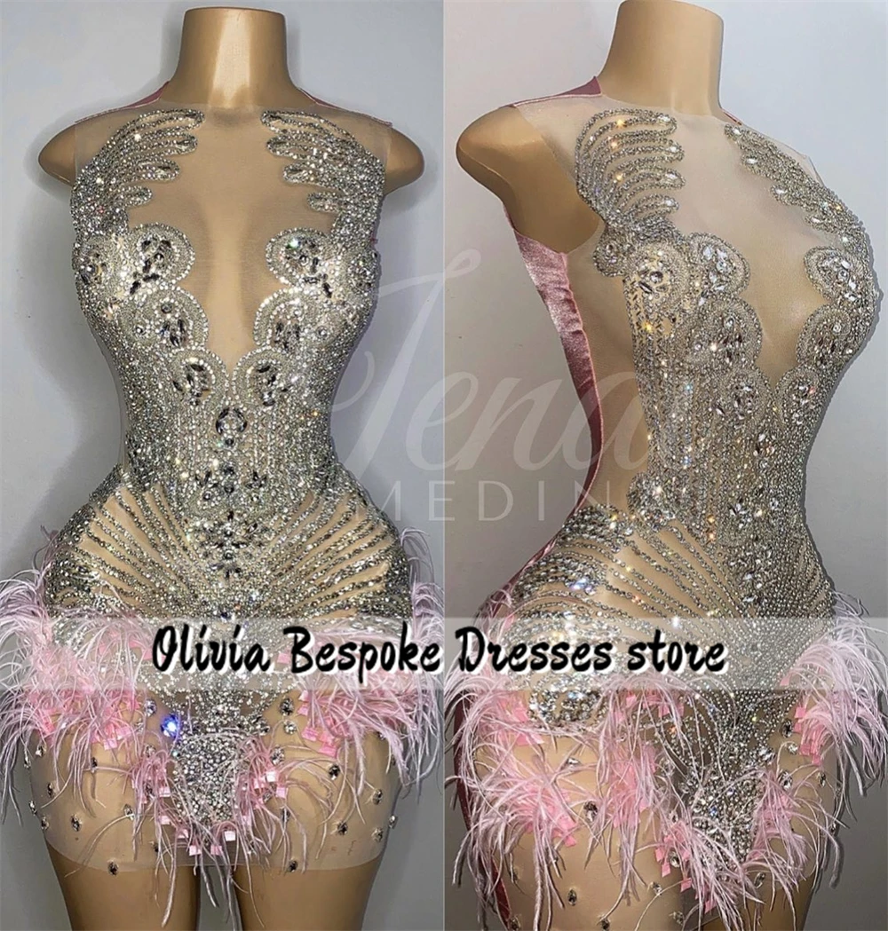 Stylish Pink Feathers Birthday Prom Dresses Beaded Rhinestones Sheer Mesh Homecoming Dress Black Girls Mini Cocktail Gowns