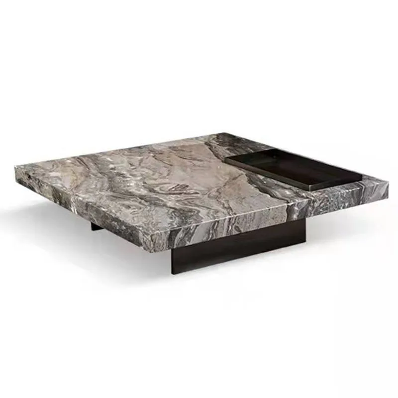 

Minimalist light luxury square coffee table stainless steel modern simple living room natural Venetian brown marble coffee table
