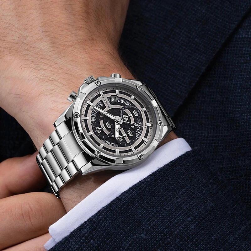 Timeartx 5430 جودة الأزياء الفولاذ المقاوم للصدأ للماء كوارتز ساعة المعصم رجل الصلب الفرقة مقياس رقمي ثلاثة العين ووتش #3