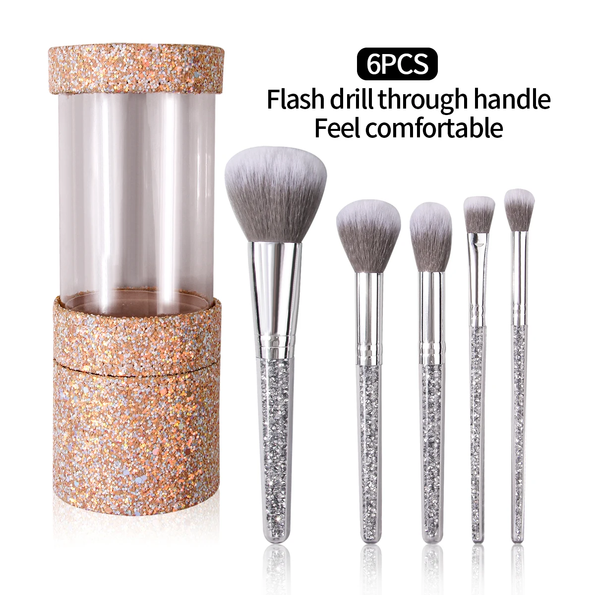 6PCS 고급스러운 메이크업 브러쉬 세트, 다이아몬드 핸들 루스 브러쉬 블러쉬 브러쉬 세트 + 대용량 보관 버킷